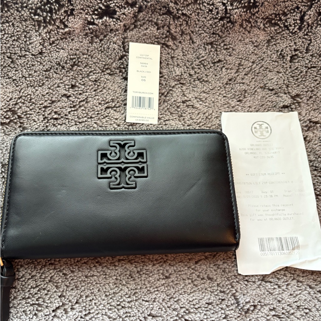 Tory Burch Black Leather Logo Zip Wallet With Gold Trim